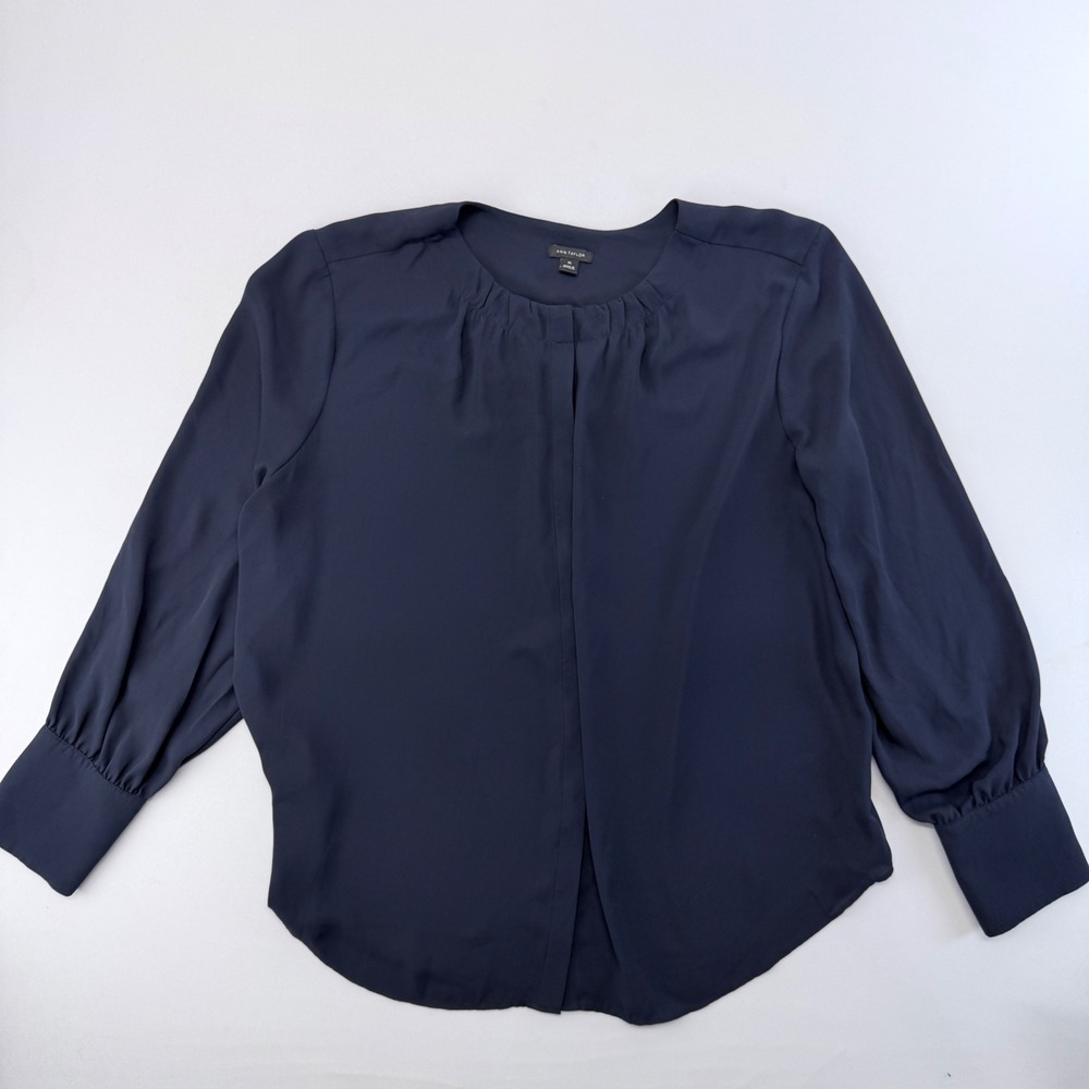 Ann Taylor Navy Blue Pleated Neck Long Sleeve Blouse XL Concealed Button Front
